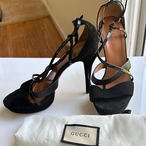 Gucci Black Suede Strappy High Heel Sandals with Patent Trim